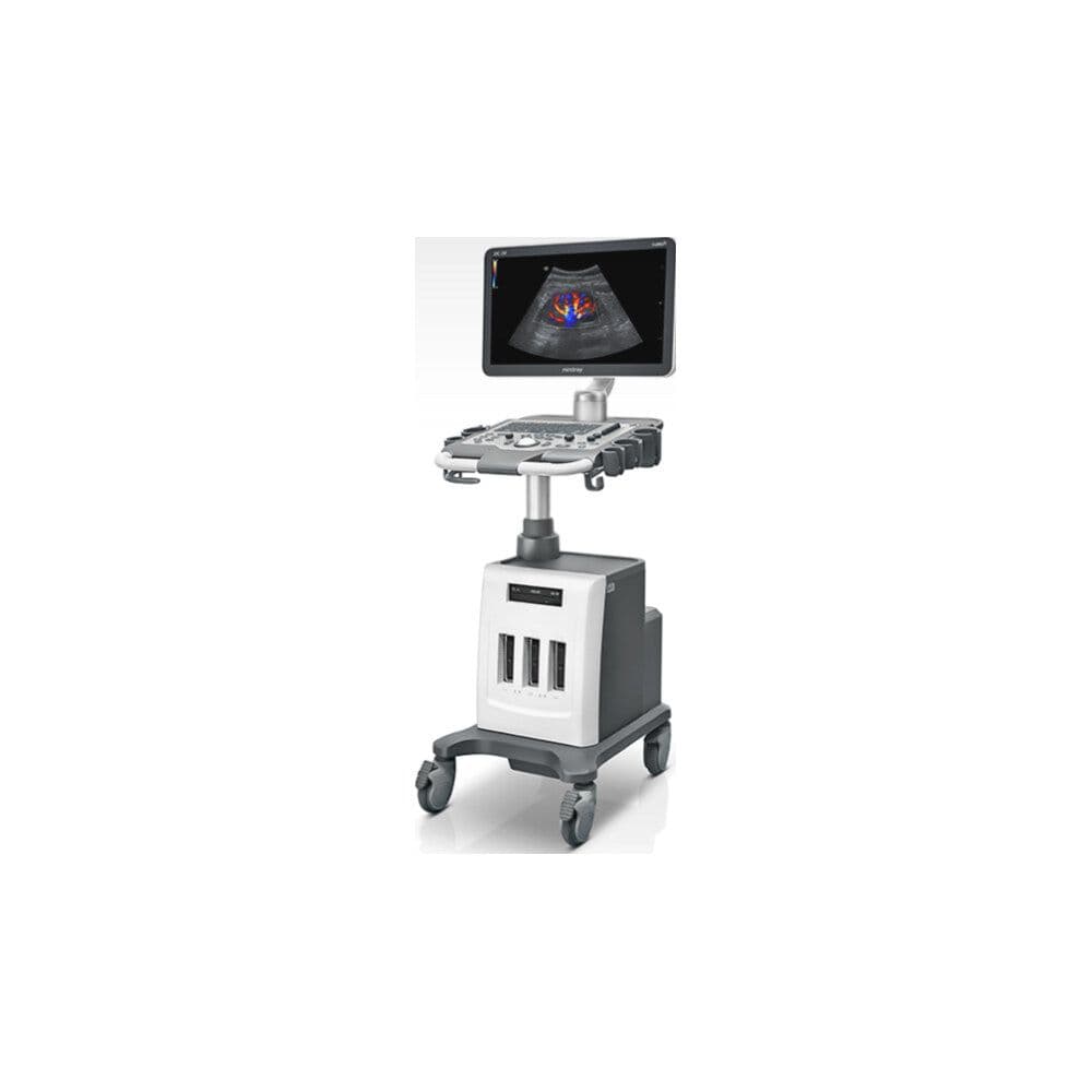 Mindray DC-30 cart-based ultrasound system with a wide monitor on a wheeled trolley