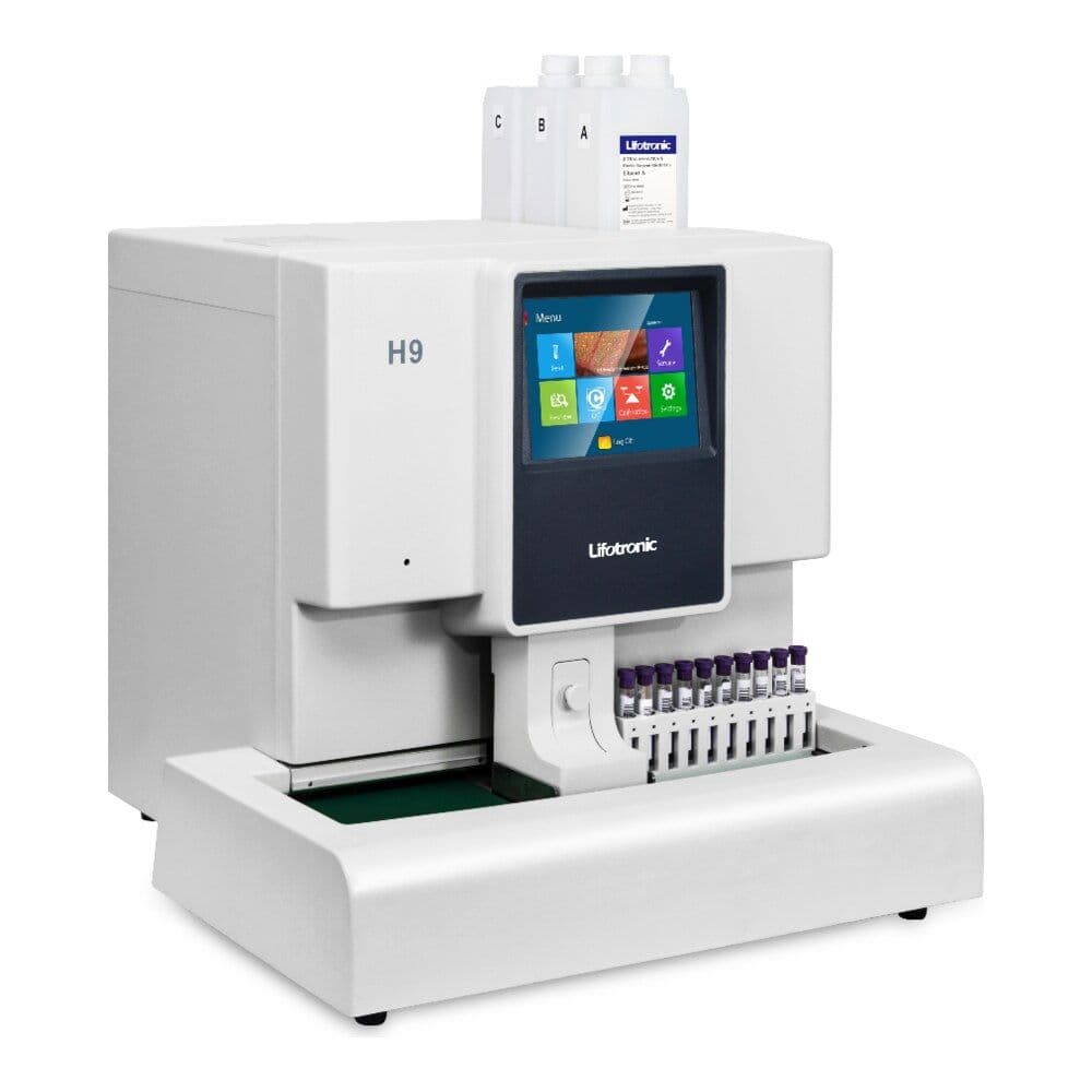Lifotronic H9 HbA1c hemoglobin analyzer with sample loader and reagent bottles